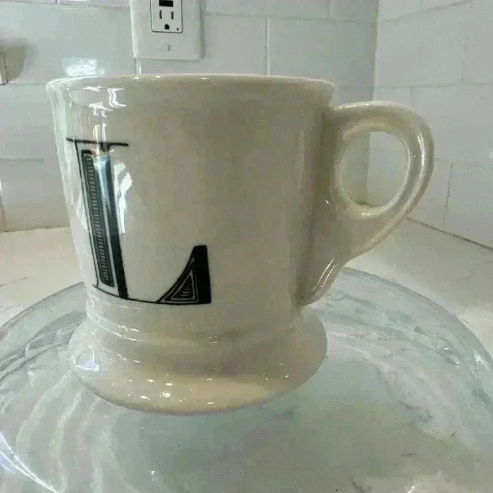Anthropologie Letter L Initial Coffee Mug White Black Retro Shaving Cup Monogram